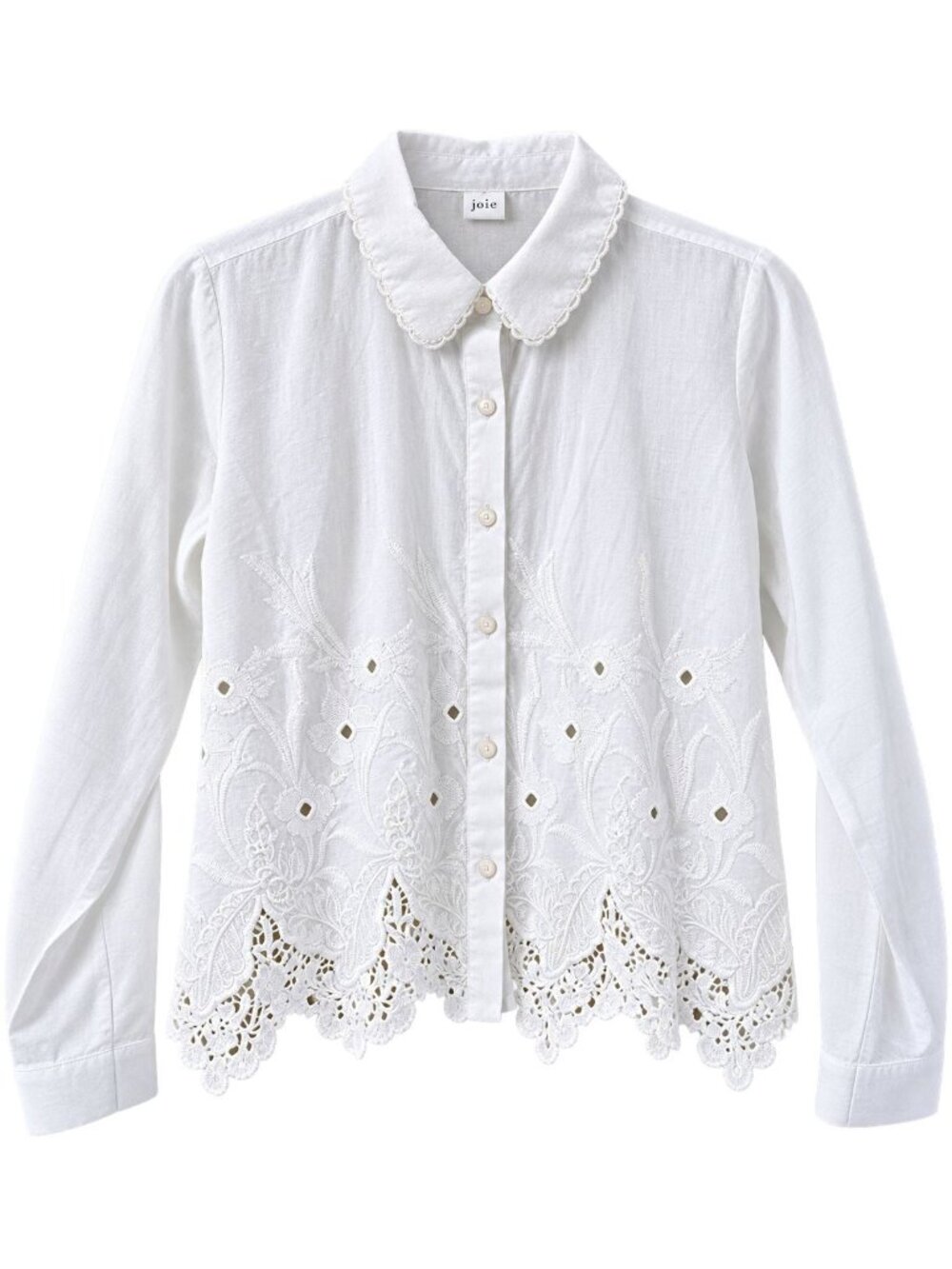 Joie Women's Embroidered Lace Bottom Button Long Sleeve White Blouse Top, Lg